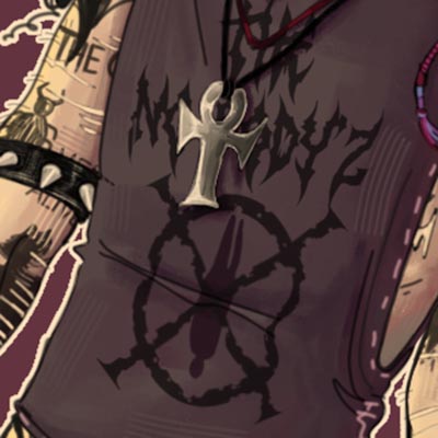 détail croix de Hank sur torse Martyev création numérique draculyre illustratrice