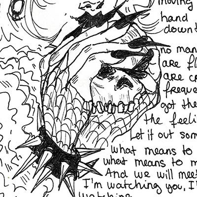 détail mains tenant crâne disorder joy division création traditionnelle draculyre illustratrice